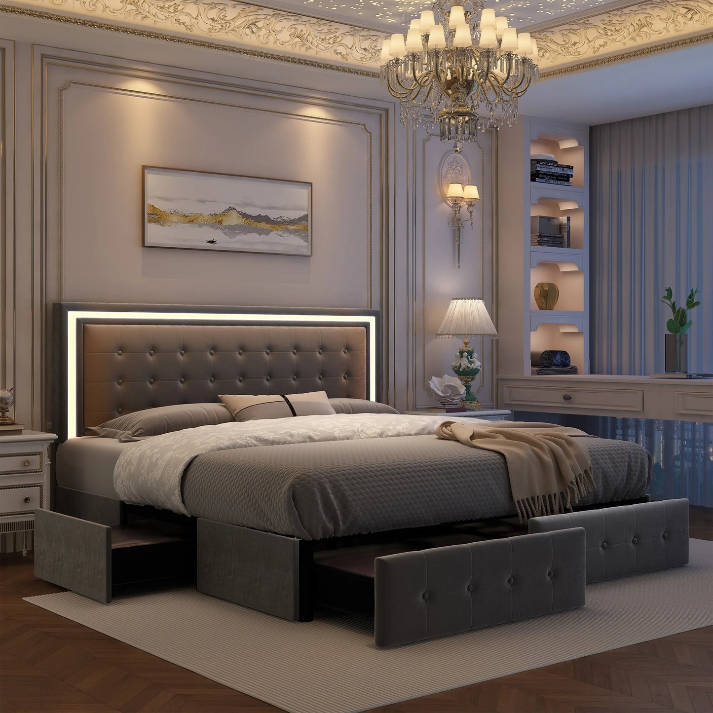 GEGOFORU LED Bed Frame With 4 Storage Drawers RGBW Headboard