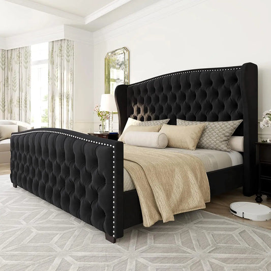 Velvet Platform Bed Frame With Deep Button Tufted Headboard Nailhead Trim