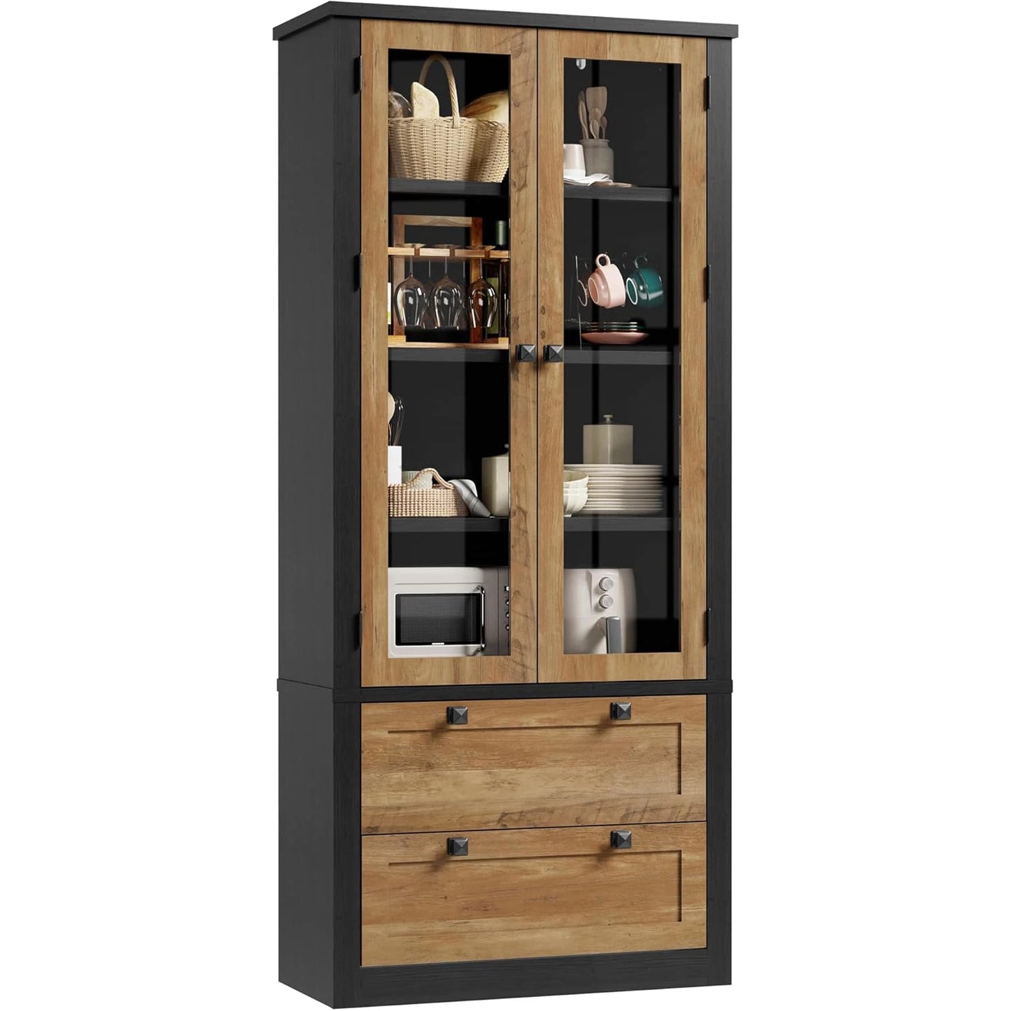 Modern Kitchen Pantry Cabinet with Glass Doors,72" Tall 2 Large Drawers,Adjustable Shelves,Durable MDF Storage Sideboard