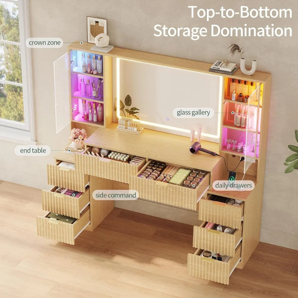 Fluted Wood Vanity Desk With Mirror LED Lights 8 Drawers