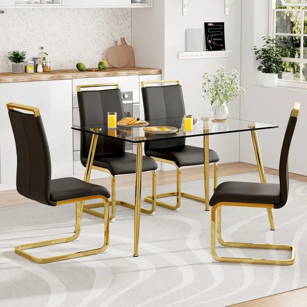 5 Piece Dining Set With Tempered Glass Table PU Chairs