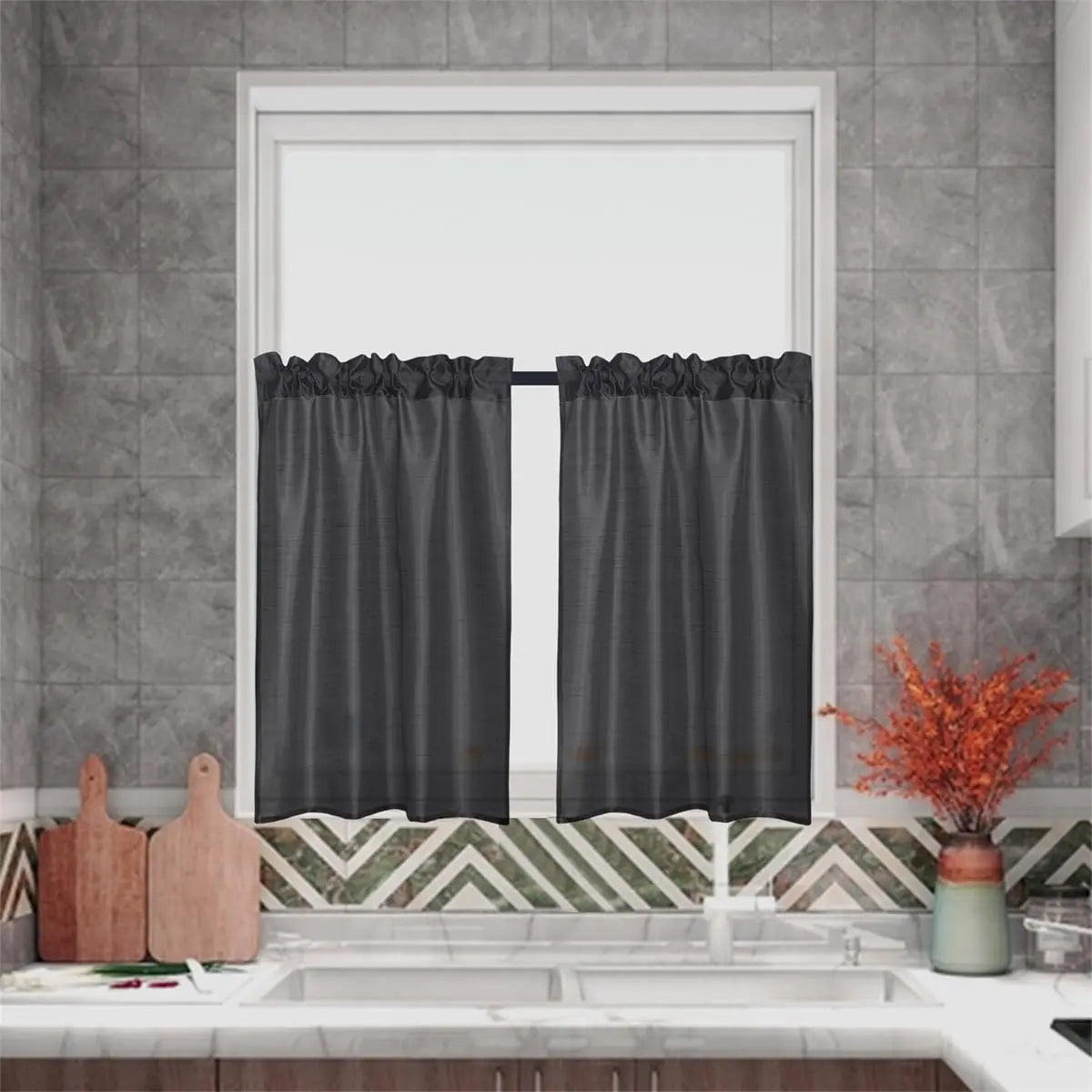 Three Panel Rod Pocket Faux Silk Sheer Curtains With Valance