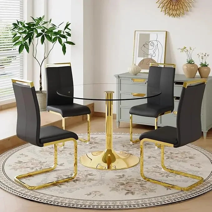 Round Glass Dining Table Set For Four With Metal Legs