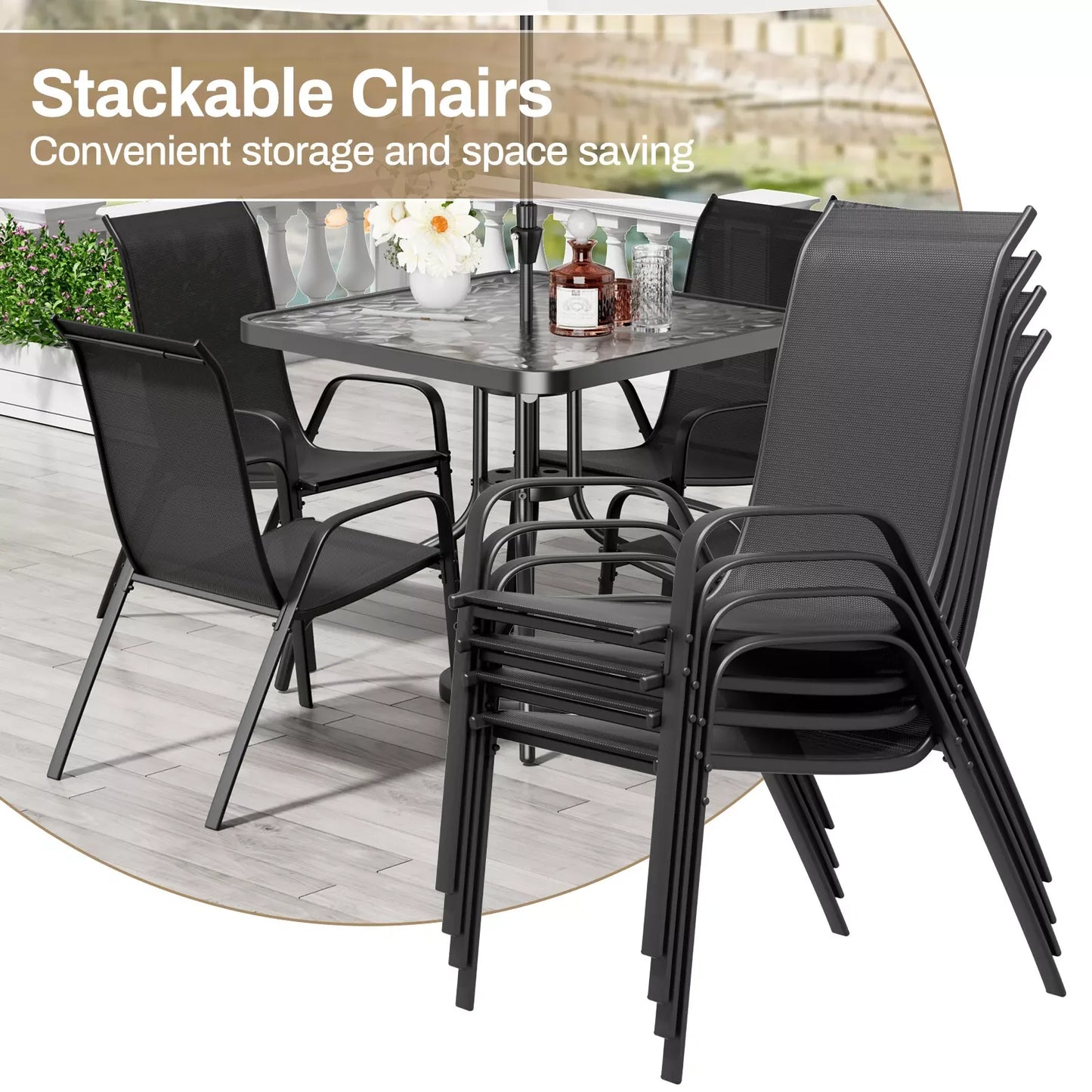 Patio Dining Set 5 Pieces All Weather Stackable Chairs