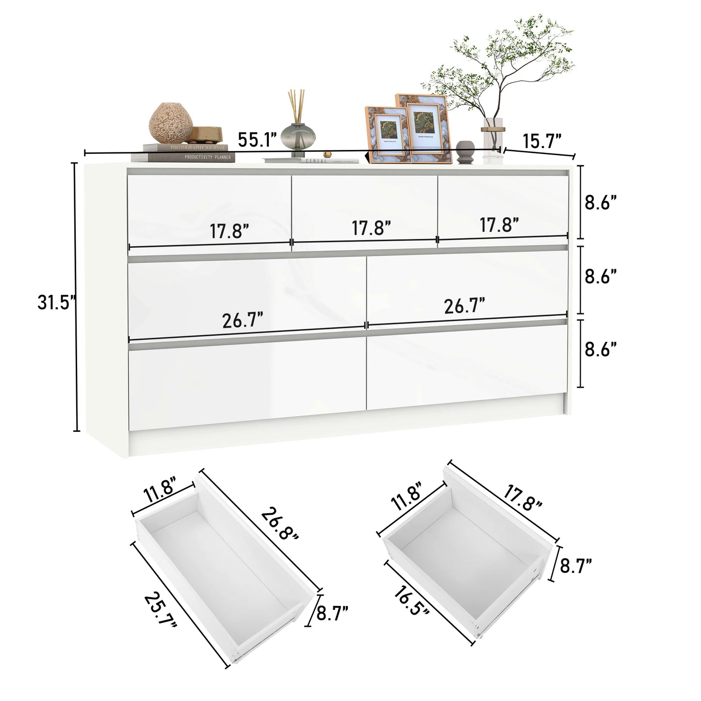 QiaoShiRen 7-Drawer Dresser Modern Wood Chest With High Gloss Drawers