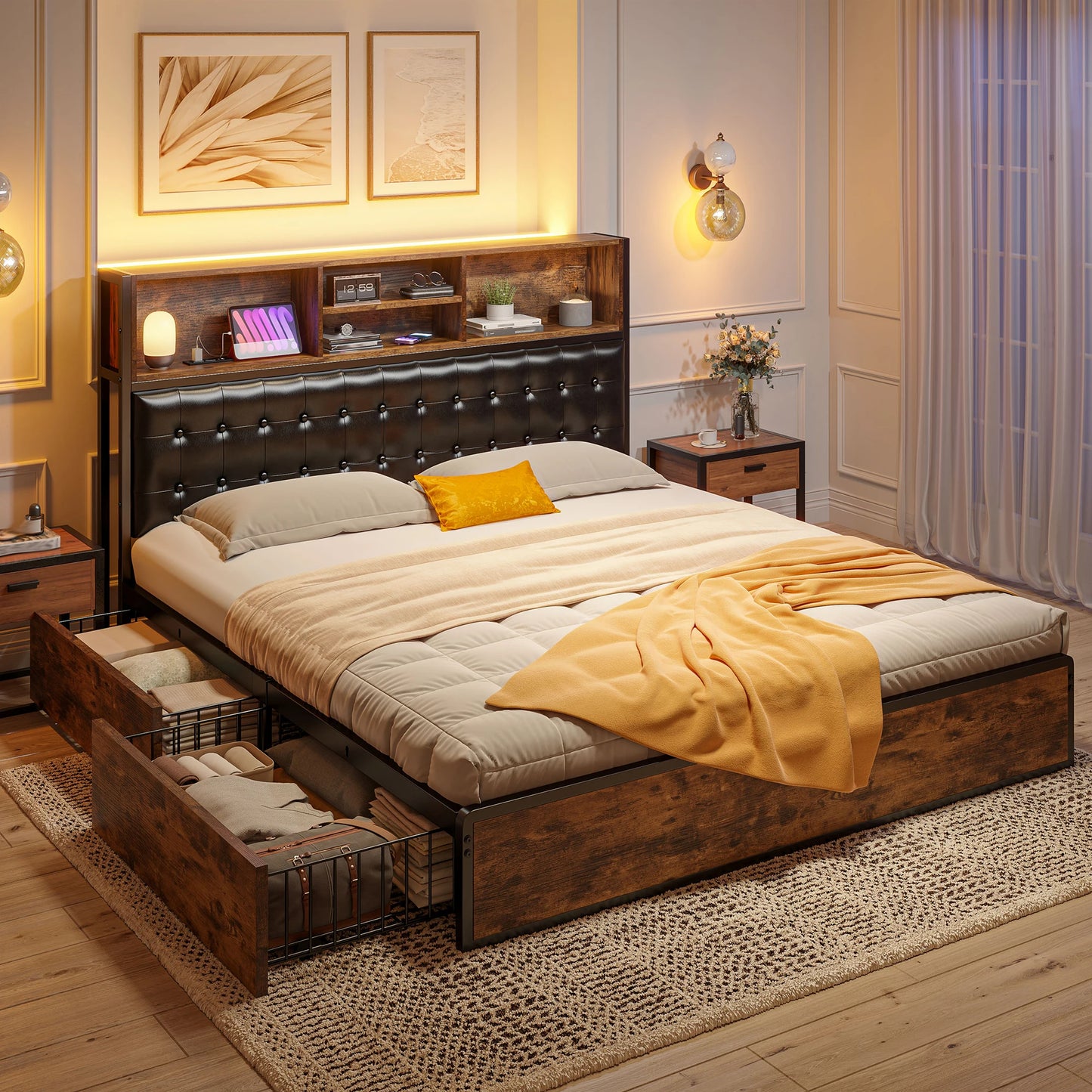 EnHomee Upholstered Platform Bed Frame With Charging Station And Storage Drawers