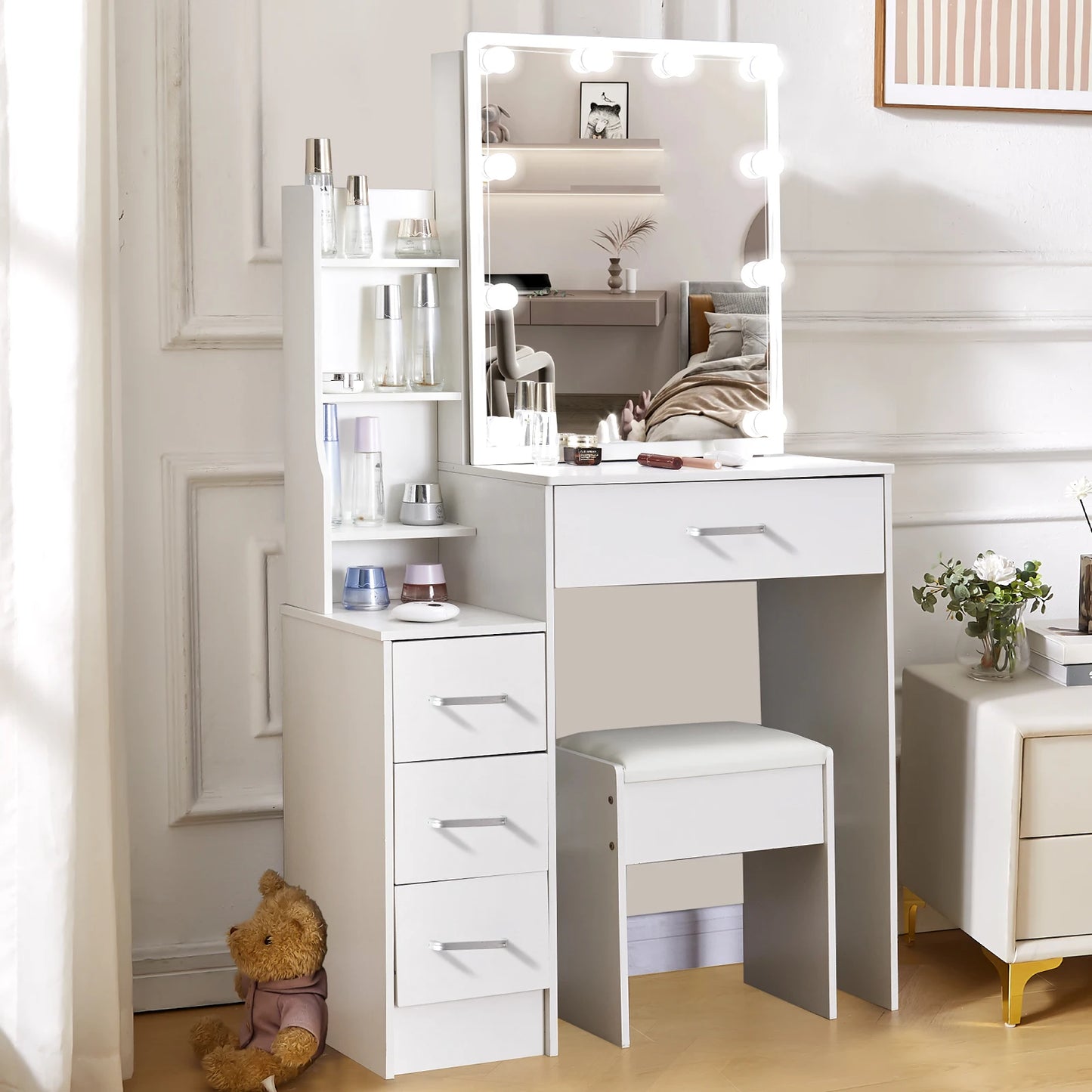 Yamissi LED Vanity Table With Sliding Mirror 4 Drawer Desk