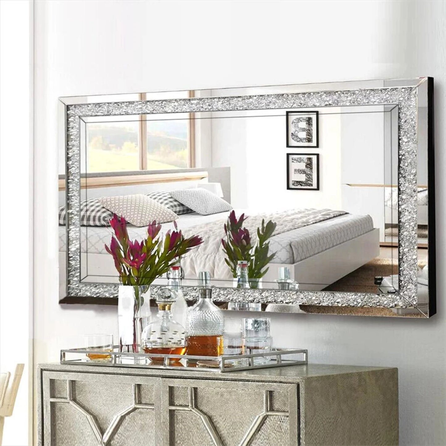 Crystal Crush Diamond Wall Mirror Rectangular Silver Frame For Bathroom