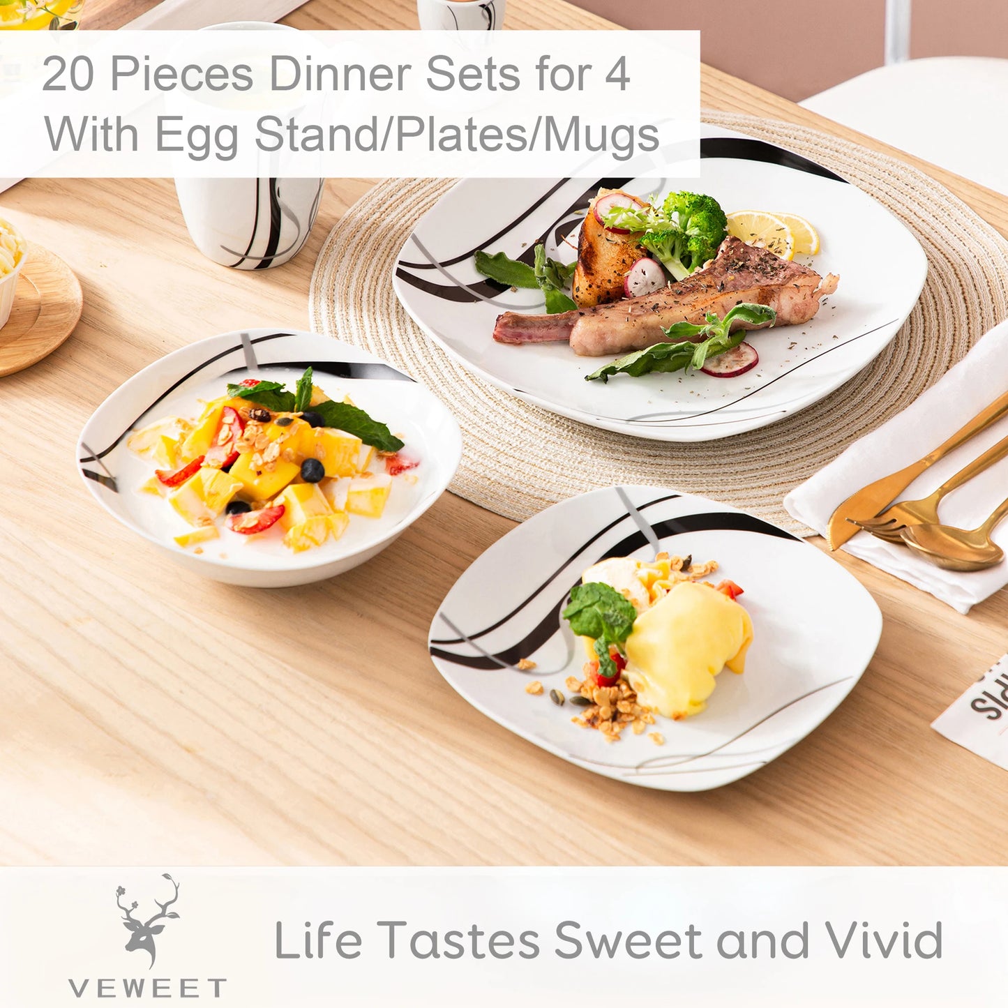 Malacasa Fiona Porcelain Dinnerware Set With Egg Cup Mug Bowl