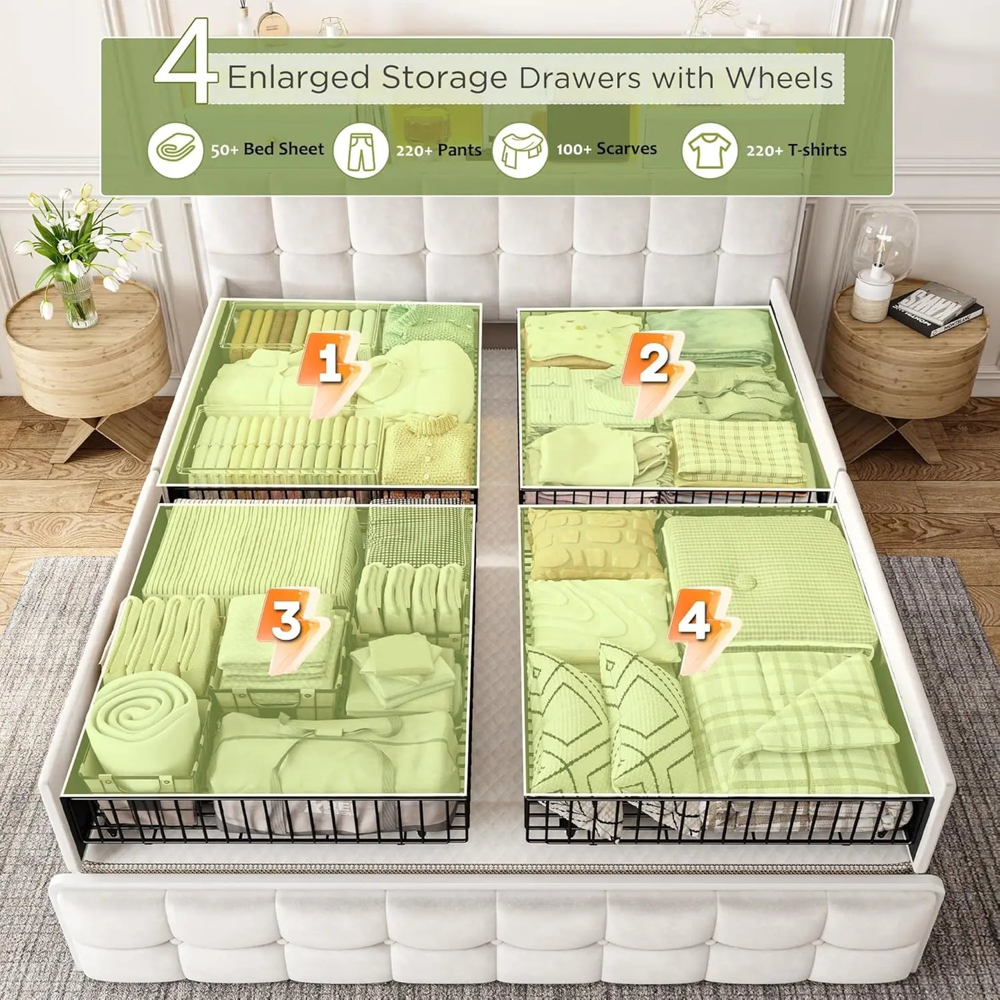 Queen Bed Frame With Storage Drawers And LED Lights