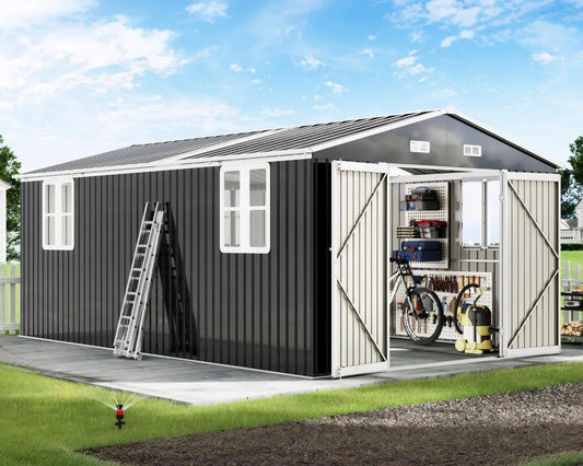 GELU Outdoor Metal Storage Shed With Double Doors And Windows