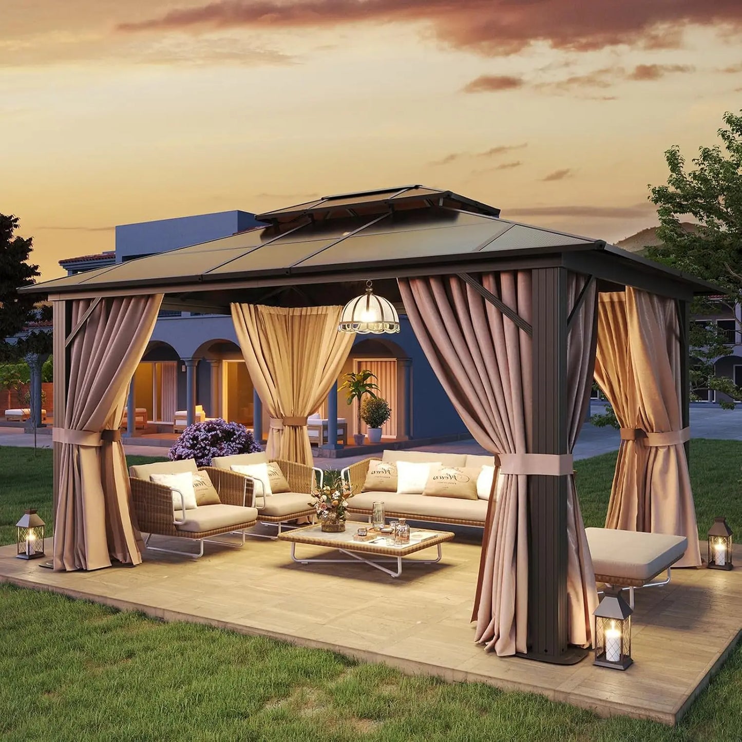 Aluminum Frame Gazebo With Polycarbonate Double Roof And Curtains Netting