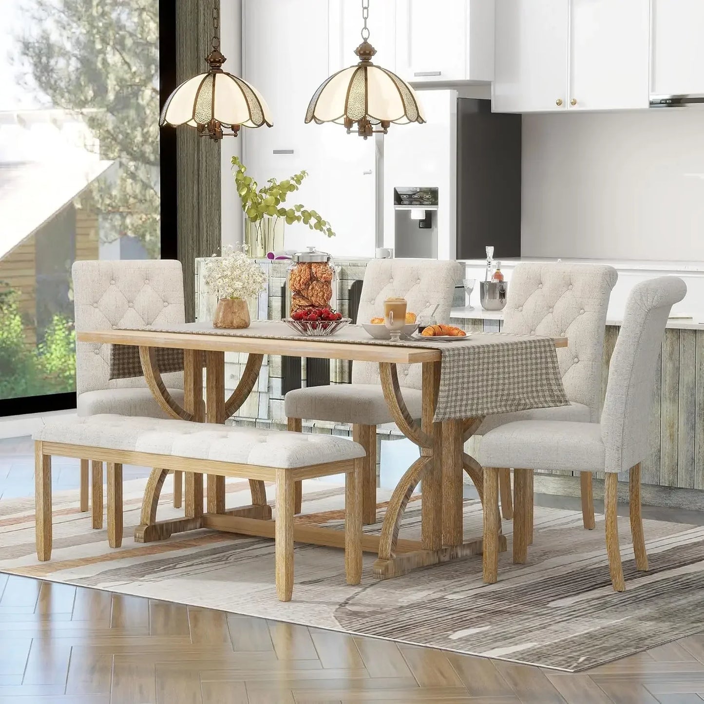 Solid Wood Dining Table Set for Six Bench and Chairs