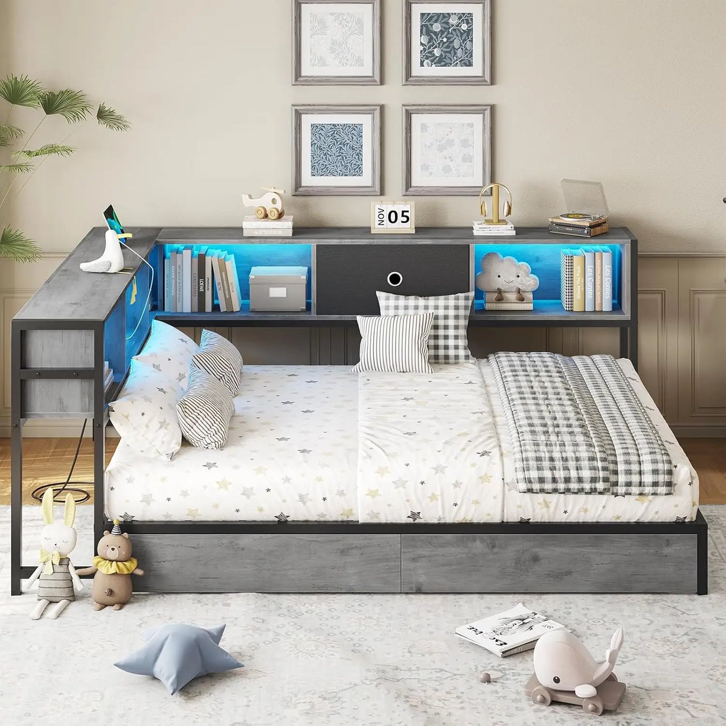 Corner Full Bed Frame With LED Bookcase And Charging Station Daybed