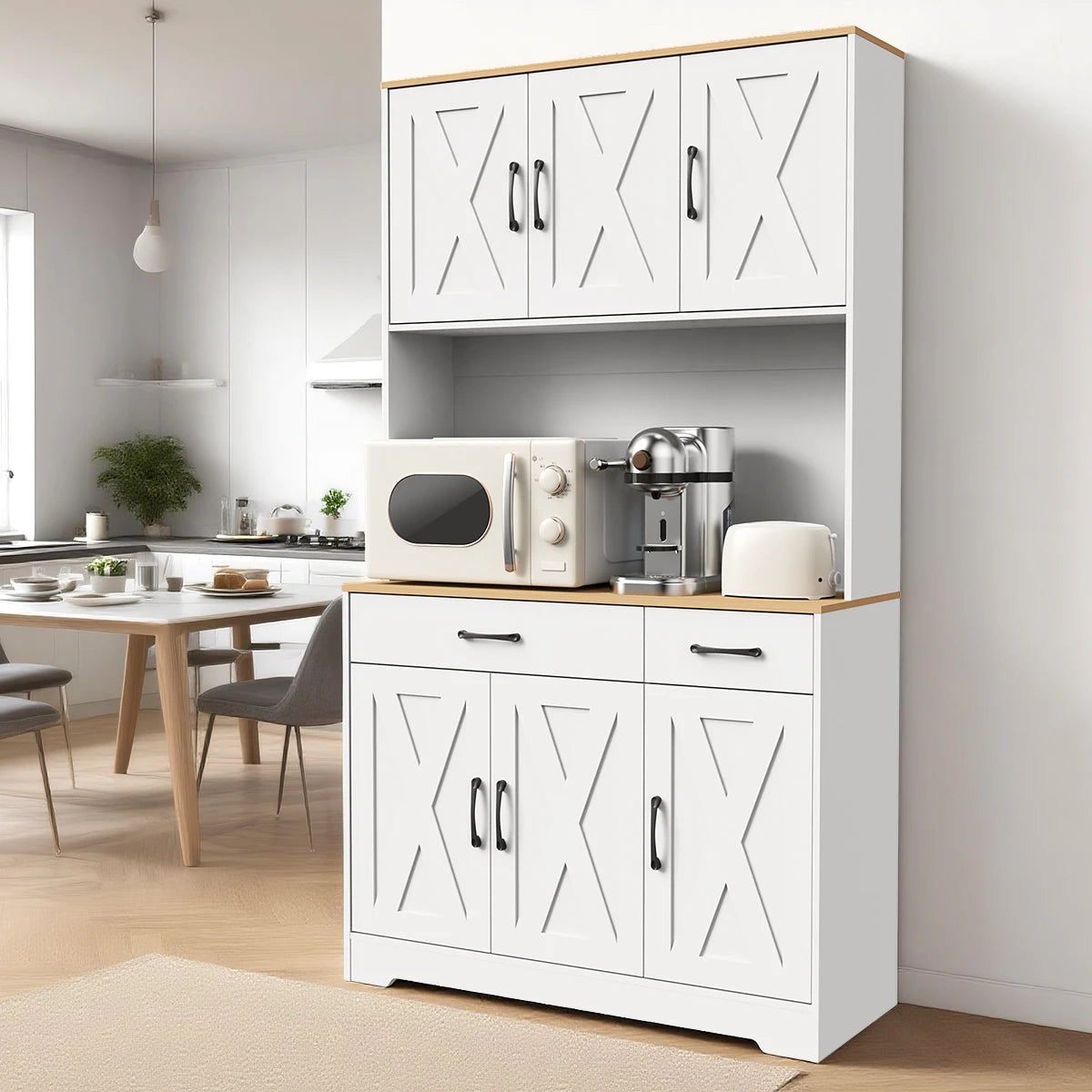 67" Food Pantry Storage Cabinet for Kitchen, White Freestanding Pantry with Charging Station, Door And Adjustable Shelves, Buffet Cabinet for Kitchen, Living Room, And Dining Room, Freestanding Tall Pantry with Microwave Shel