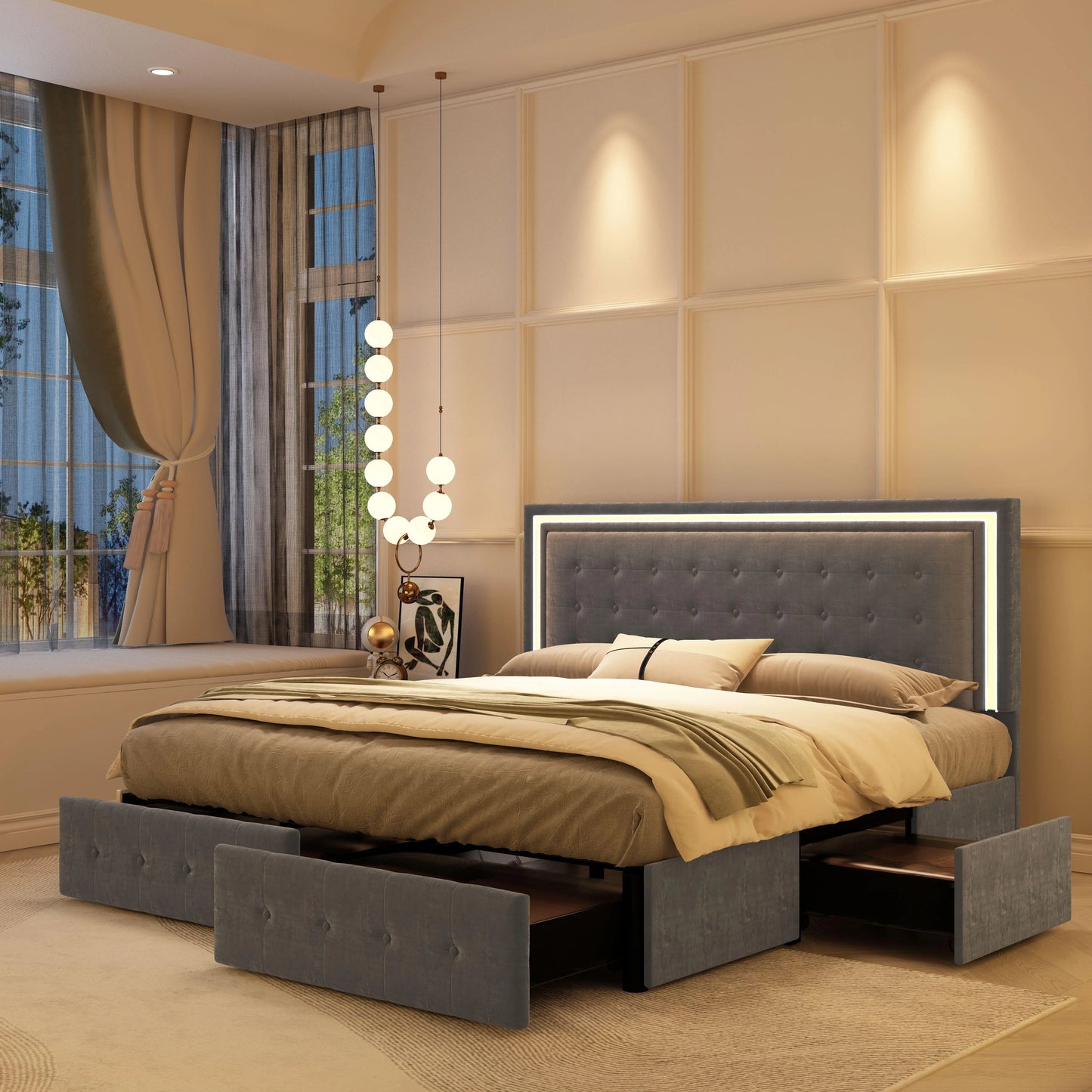 GEGOFORU LED Bed Frame With 4 Storage Drawers RGBW Headboard