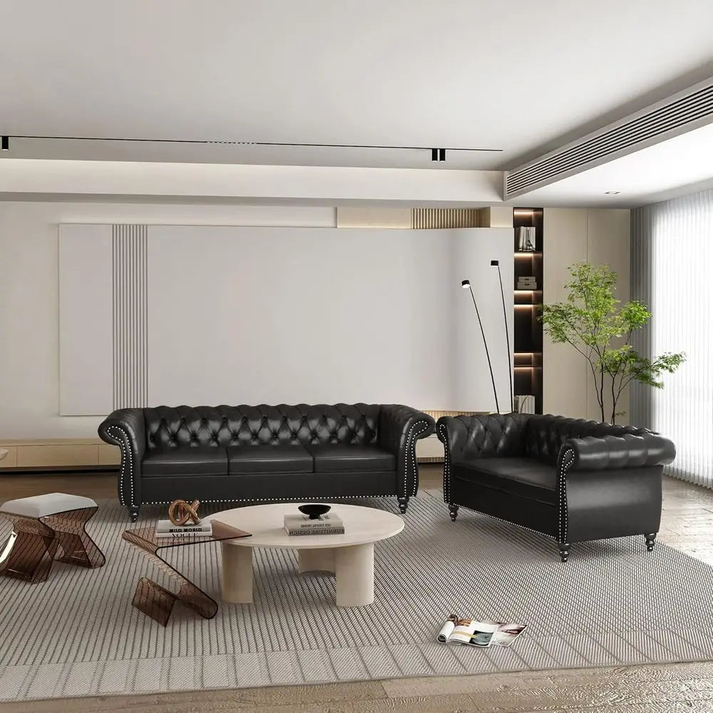 Chesterfield Leather Sofa and Loveseat 2-Piece Living Room Set