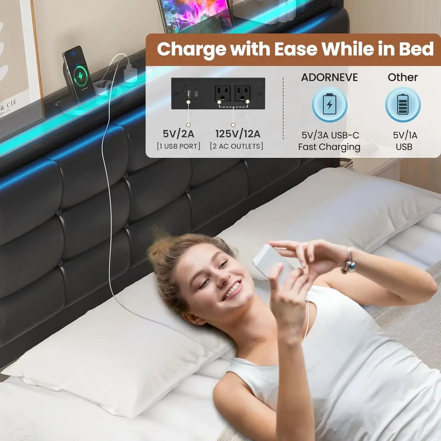 Queen Bed Frame With Storage Headboard And LED Charging Station