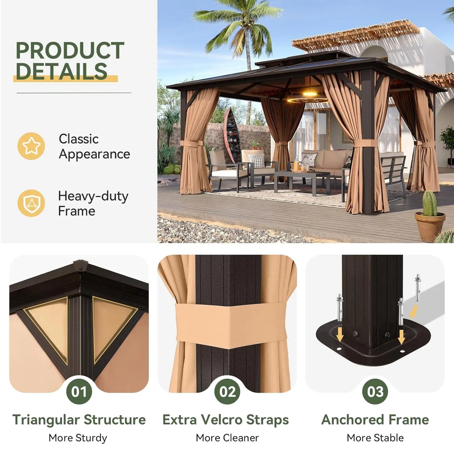 Aluminum Frame Gazebo With Polycarbonate Double Roof And Curtains Netting