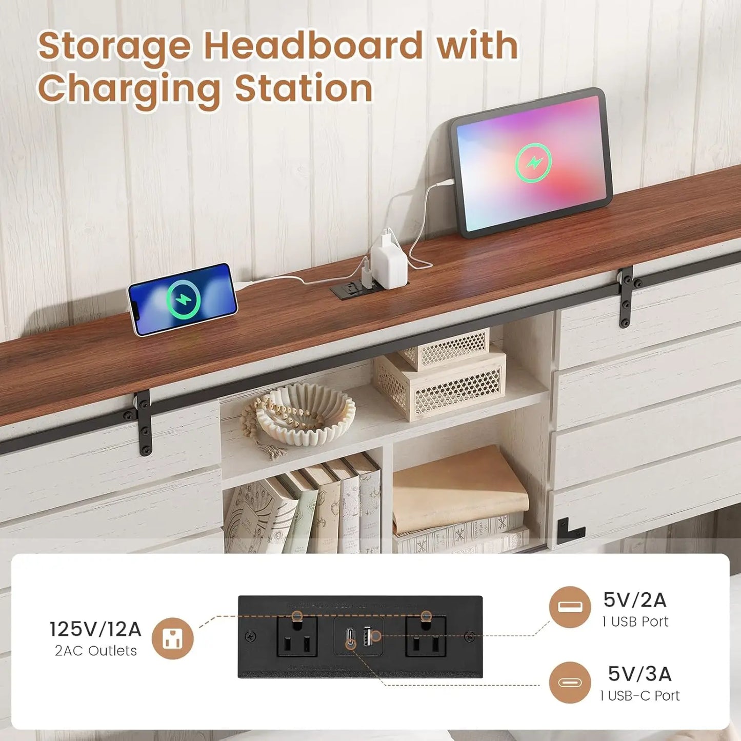 Wooden Bed Frame With Sliding Barn Doors And Charging Station