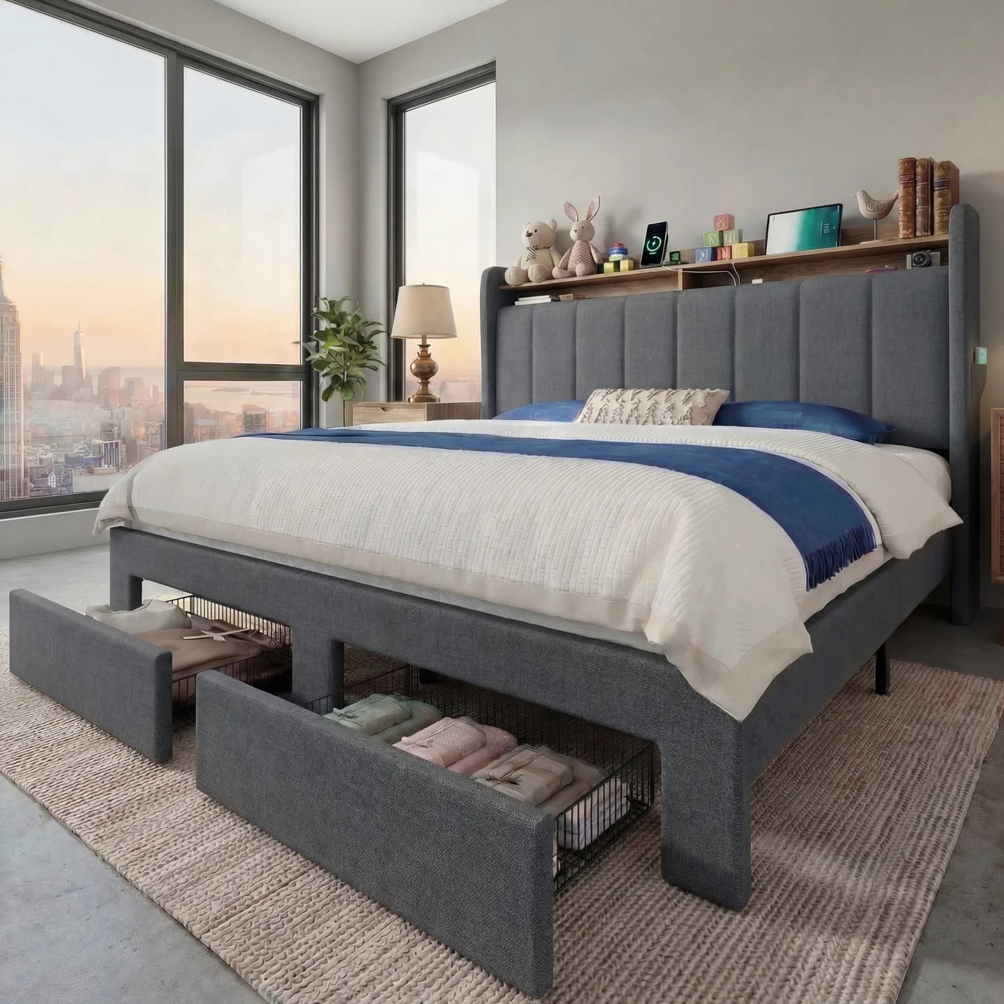 HOOMIC Bed Frame With LED Lights 2 Storage Drawers Shelves No Box Spring Needed