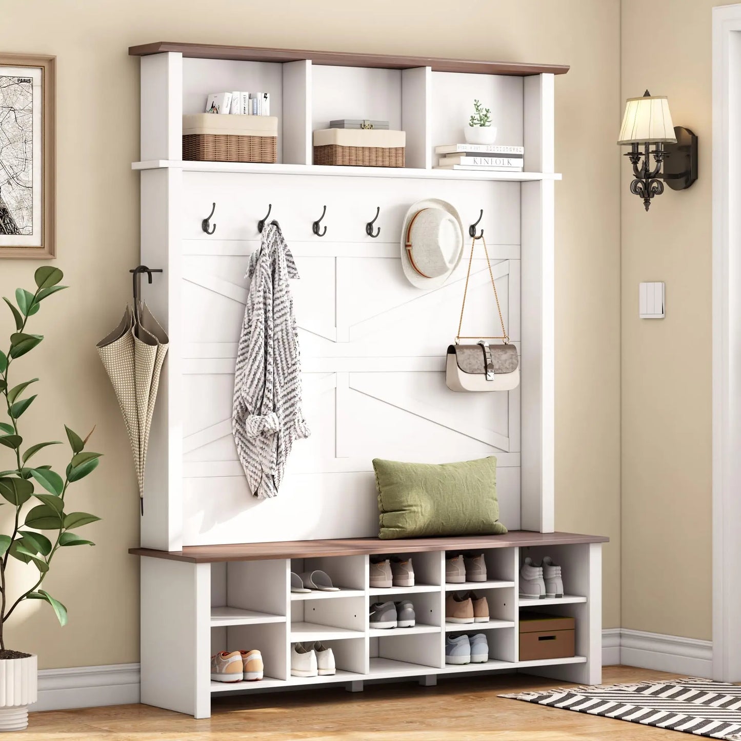 Farmhouse Style Hall Tree With 6 Hooks Entryway Bench Shoe Organizer With Open Compartments White