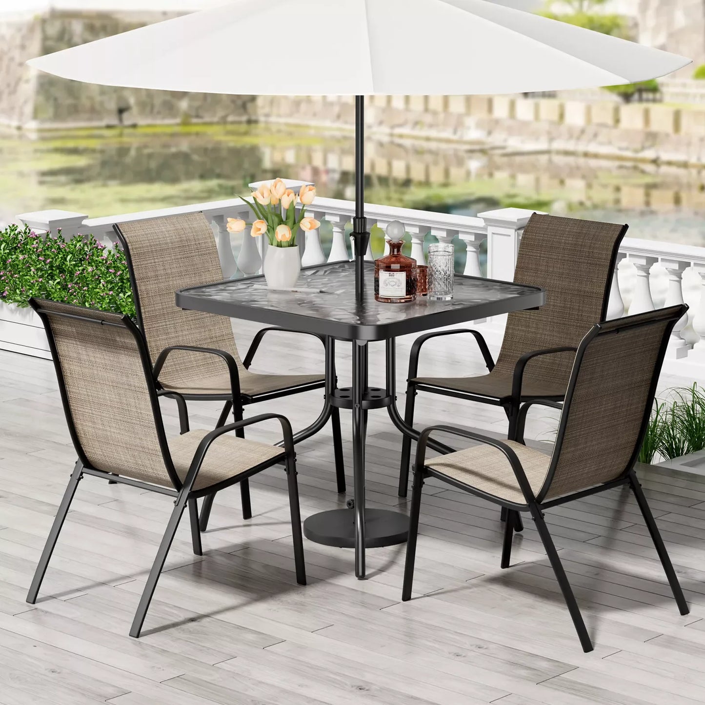 Patio Dining Set 5 Pieces All Weather Stackable Chairs