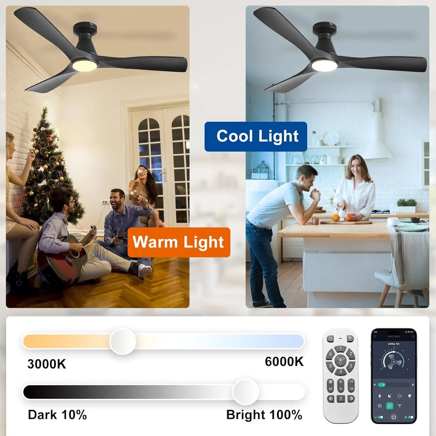 Ceiling Fan With Lights 3 Blade Flush Mount Dimmable Indoor Outdoor