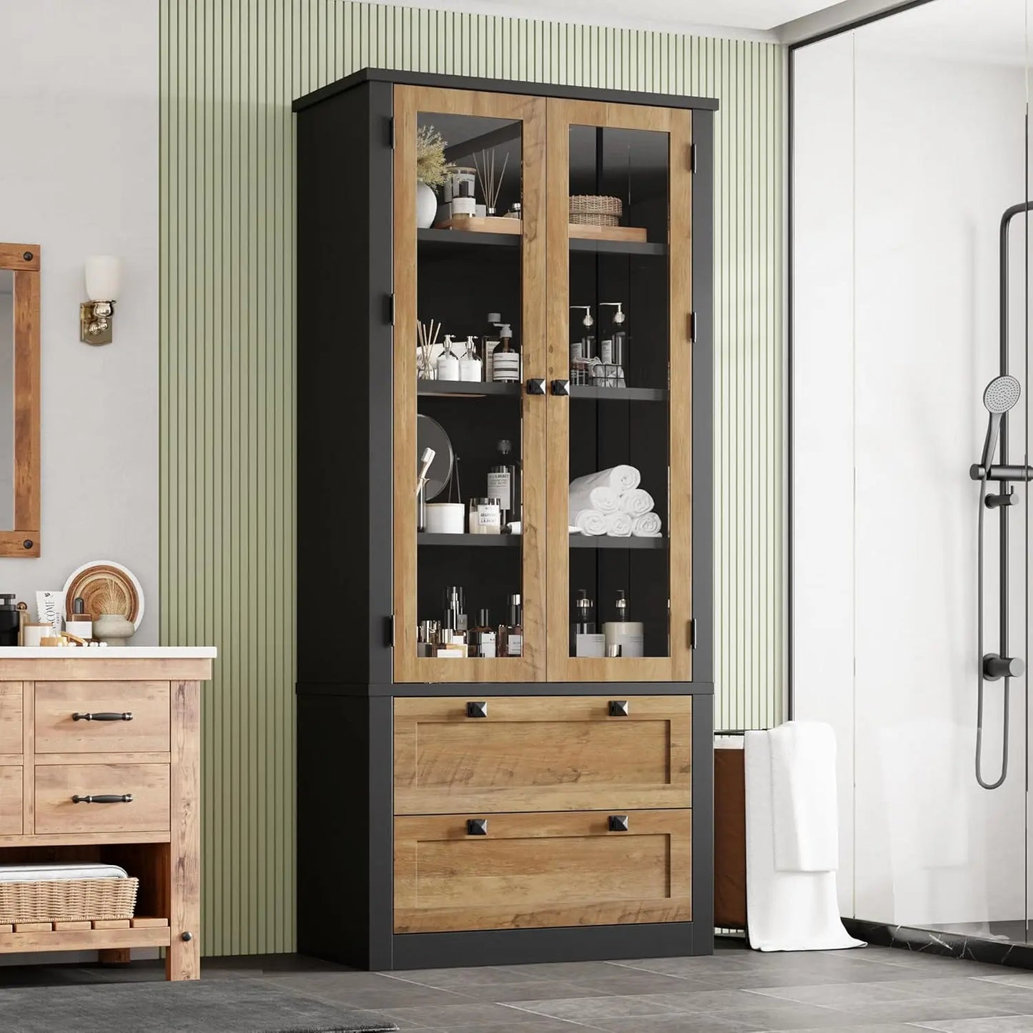 Modern Kitchen Pantry Cabinet with Glass Doors,72" Tall 2 Large Drawers,Adjustable Shelves,Durable MDF Storage Sideboard