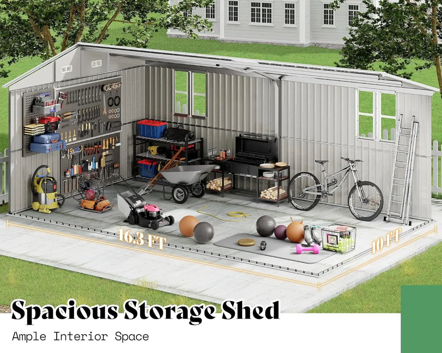 GELU Outdoor Metal Storage Shed With Double Doors And Windows