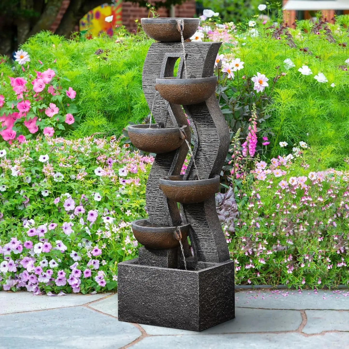 Outdoor Water Fountain With Lights Six Tier Cascading Resin