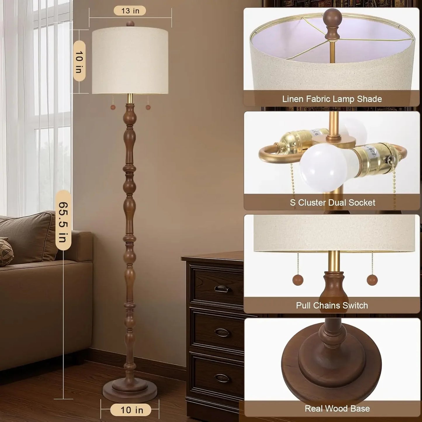 Natural Real Wood Floor Lamp With S Cluster Pull Chains