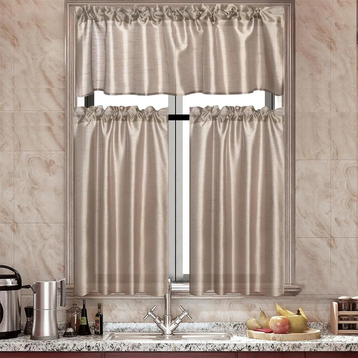 Three Panel Rod Pocket Faux Silk Sheer Curtains With Valance