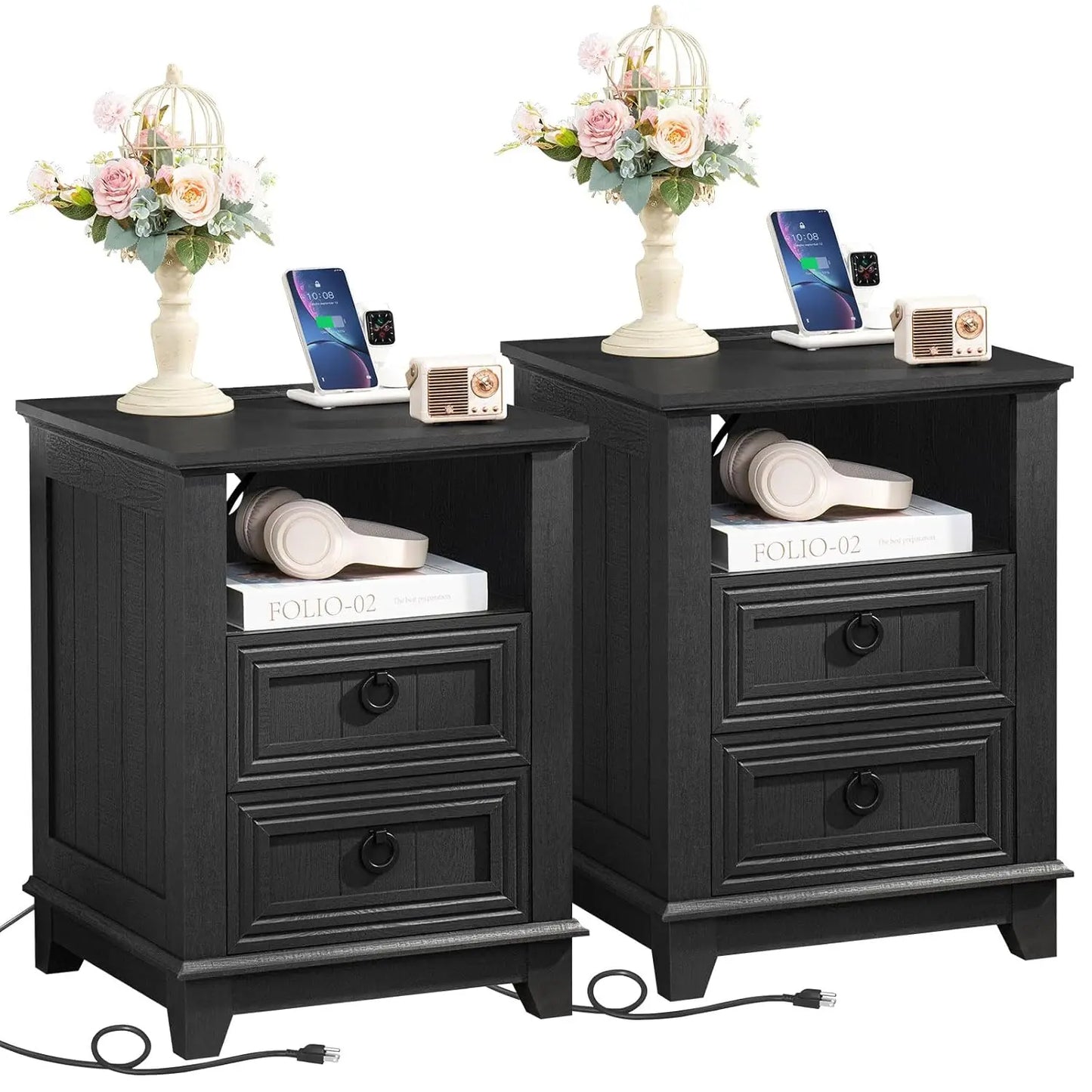 Farmhouse Night Stands Set 2 With Charging Station And Drawers