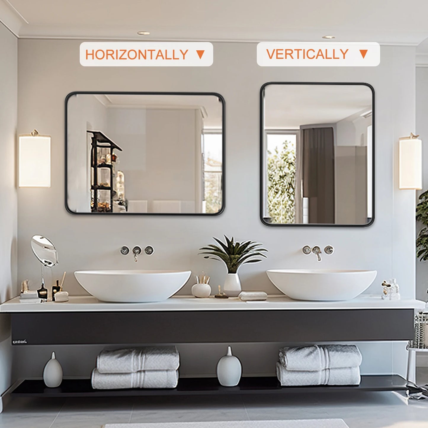 JHK Matte Metal Framed Bathroom Mirror Rectangular With Rounded Corner