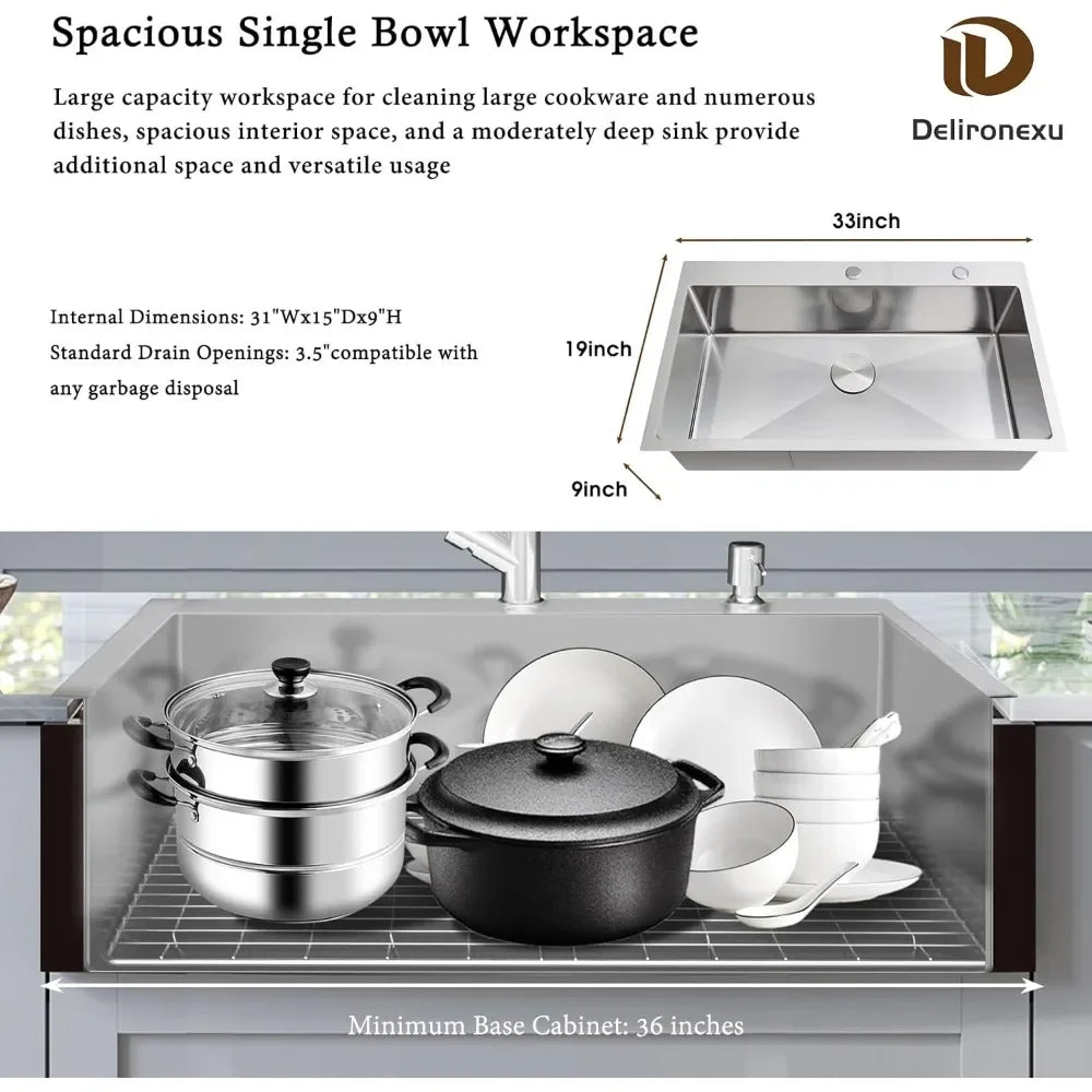 XMSJ Drop-In Kitchen Sink 16-Gauge Stainless Steel