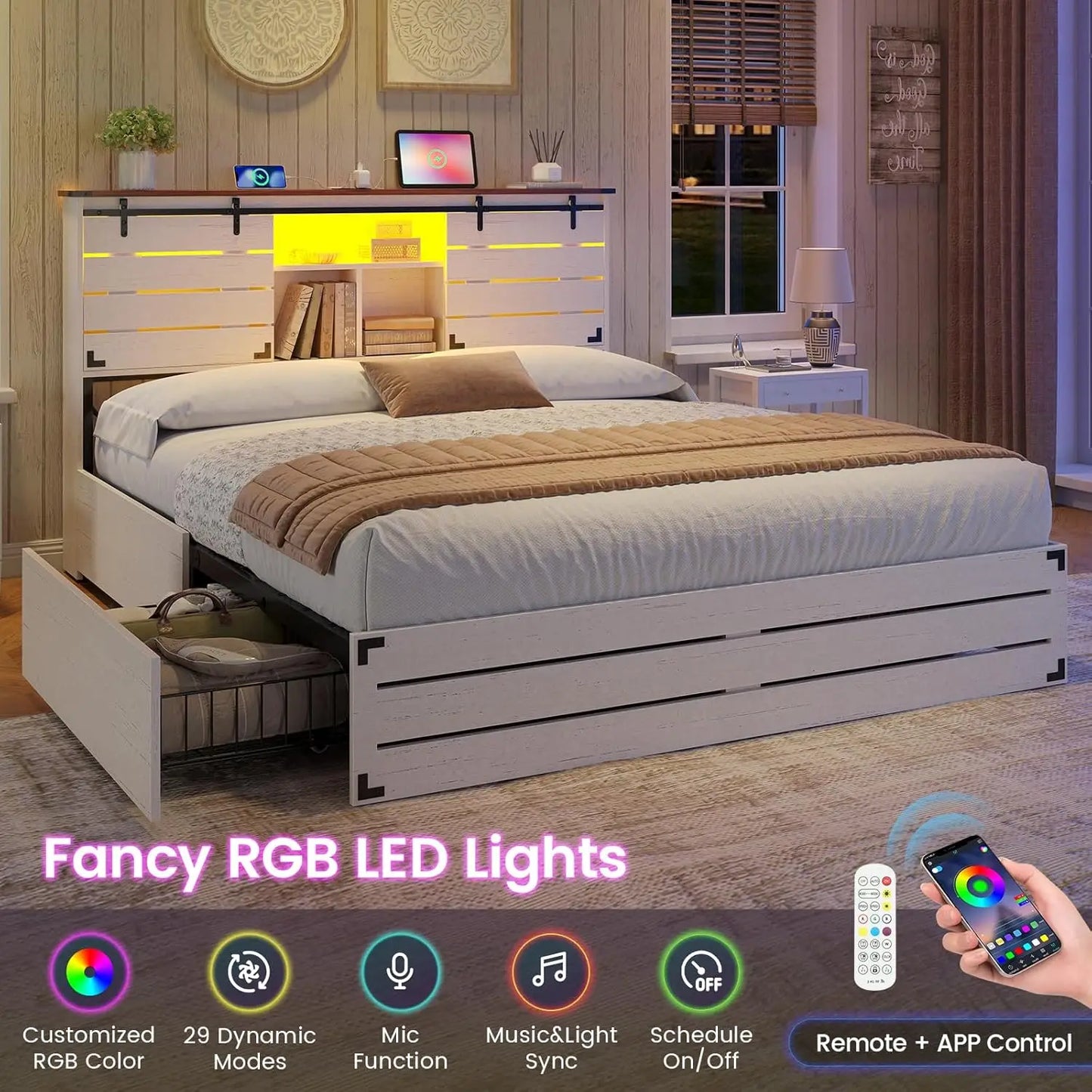 Wooden Bed Frame With Sliding Barn Doors And Charging Station
