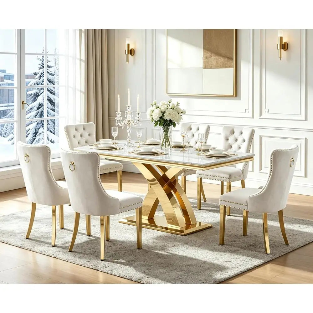 7-Piece Dining Set With Chairs And Marble-Look Table