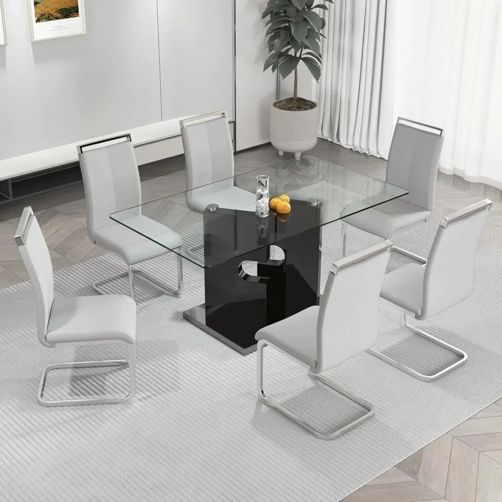7 Piece Dining Set With Tempered Glass Table And Chairs