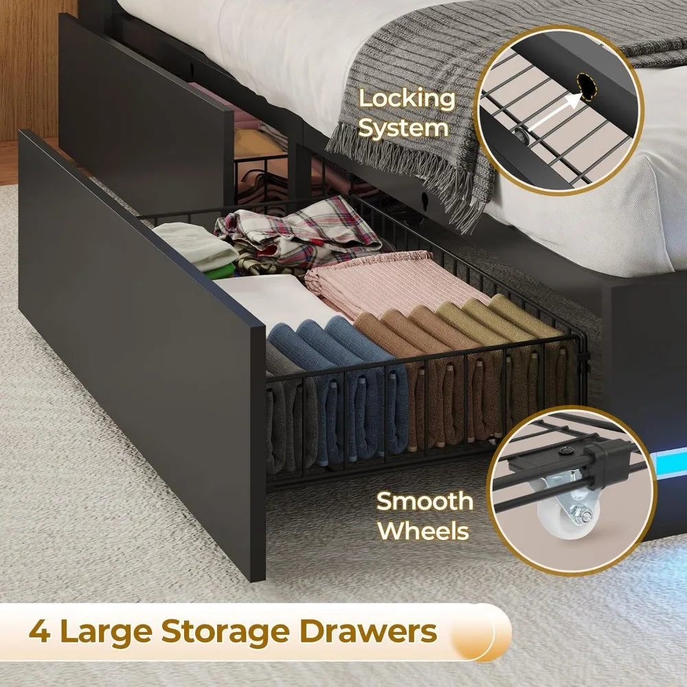Bed Frame With Bookcase Headboard LED Lights And Charging Station