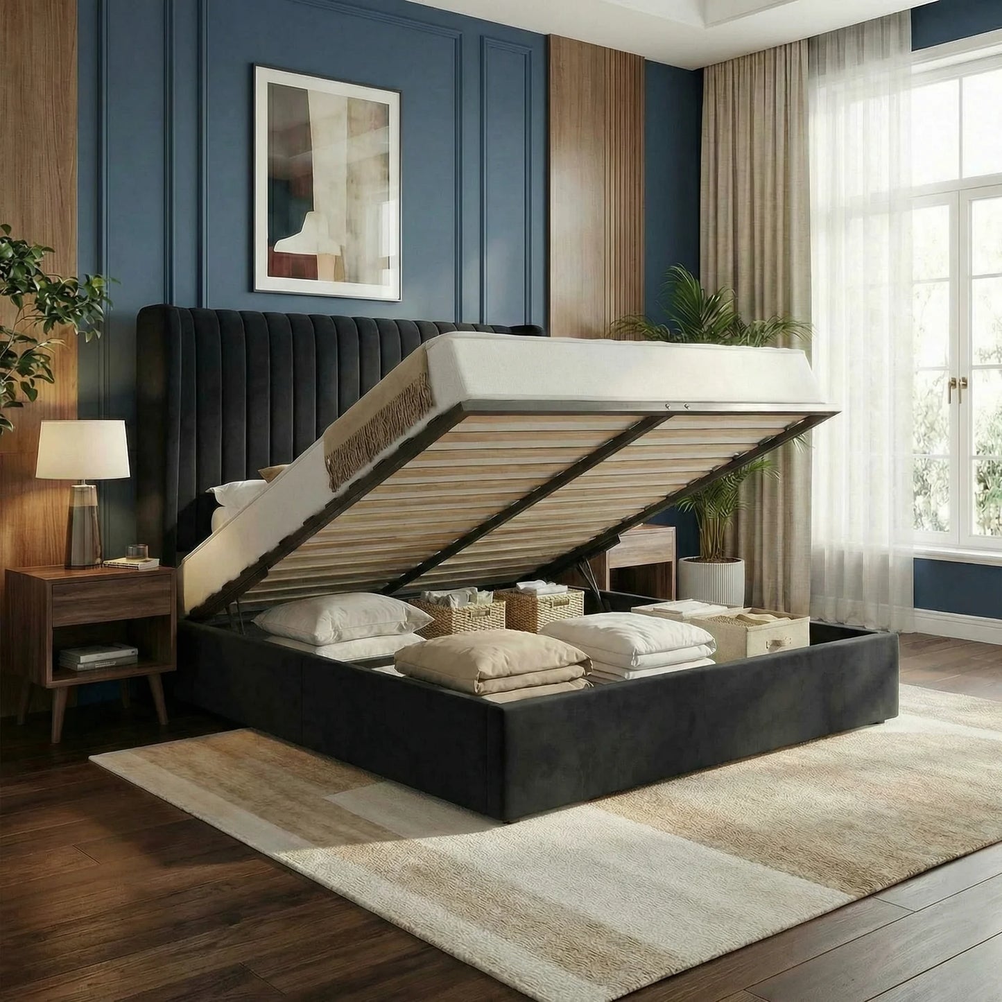 HOOMIC Velvet Lift Up Storage Bed Frame With Hydraulic System