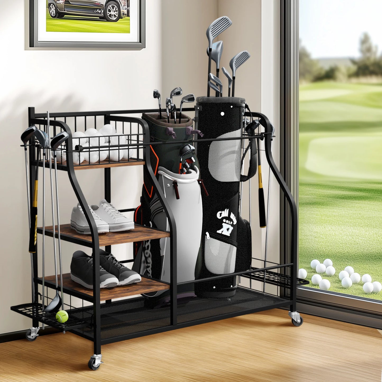 Three Tier Metal Rolling Golf Bags Storage Organizer Rack With Wheels