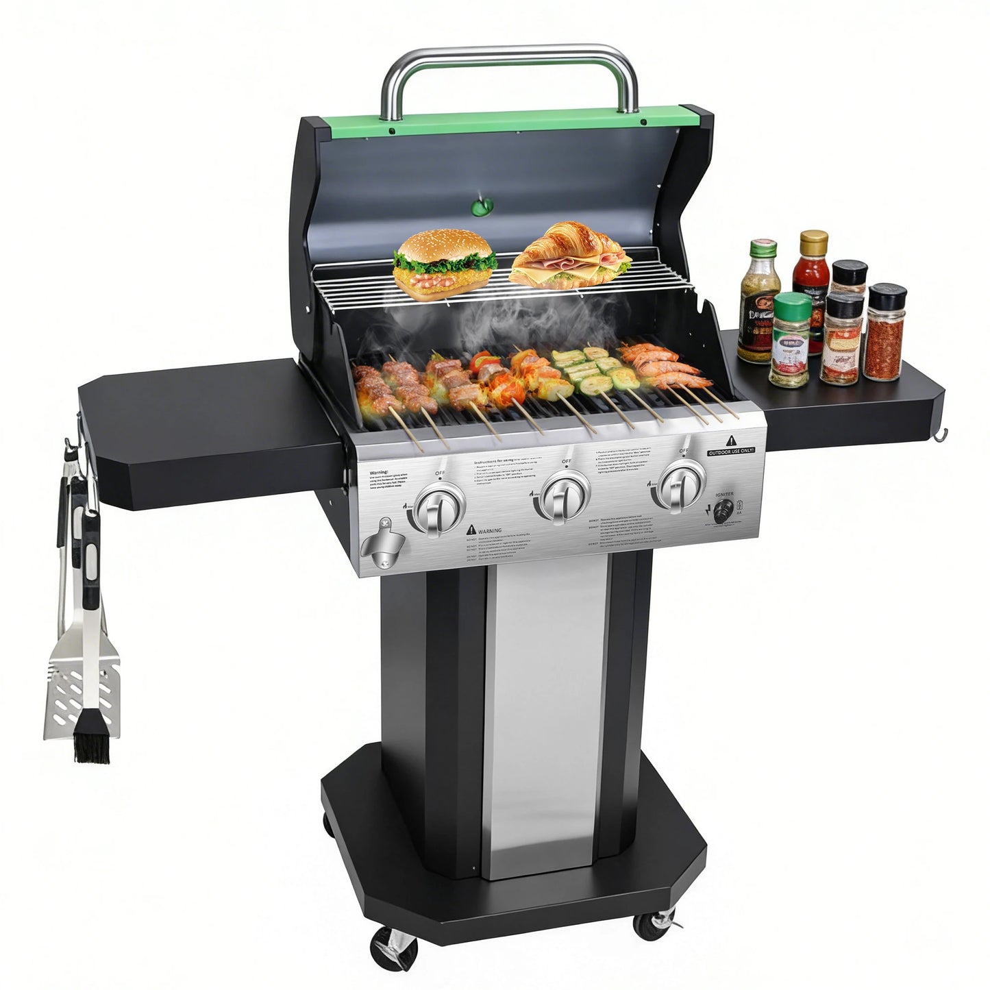 3-Burner Propane Gas Grill With Warming Rack And Wheels