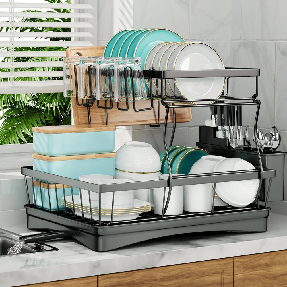 Two Tier Dish Drying Rack For Kitchen Countertop Removable