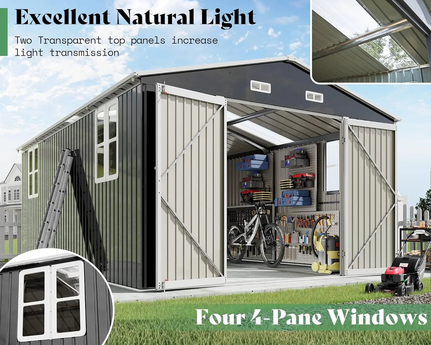 GELU Outdoor Metal Storage Shed With Double Doors And Windows