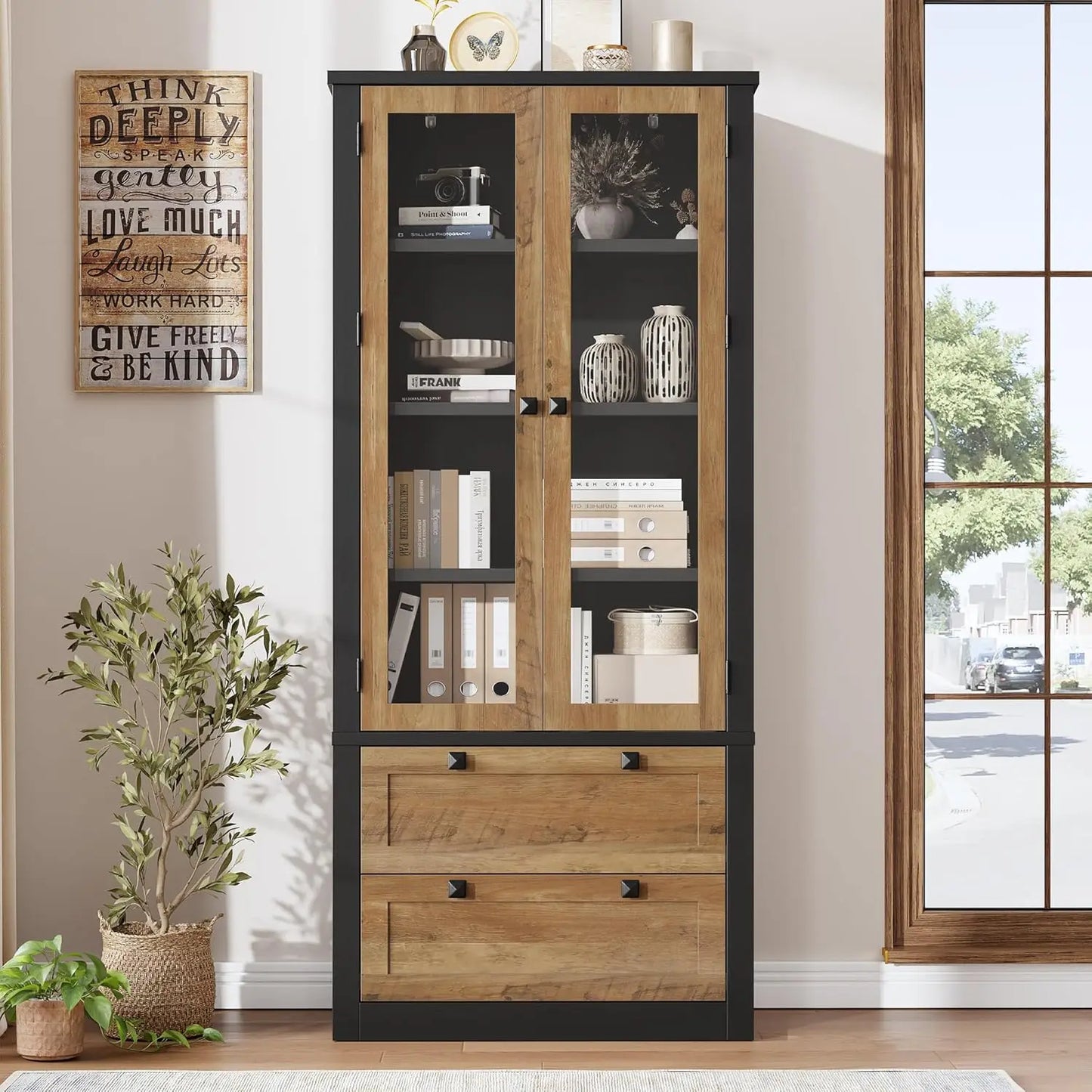 Modern Kitchen Pantry Cabinet with Glass Doors,72" Tall 2 Large Drawers,Adjustable Shelves,Durable MDF Storage Sideboard