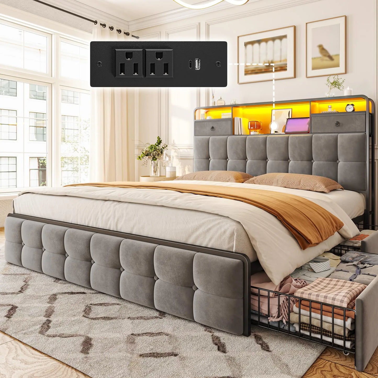 Queen Bed Frame With Storage Drawers And LED Lights