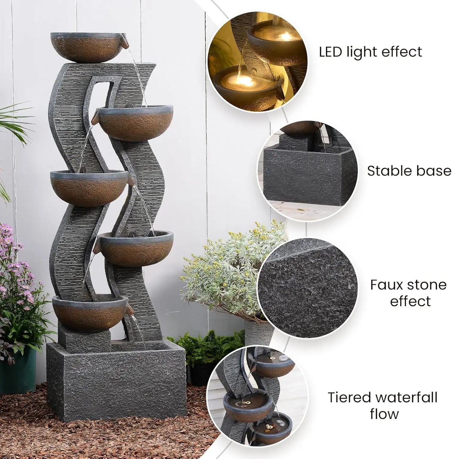 Outdoor Water Fountain With Lights Six Tier Cascading Resin