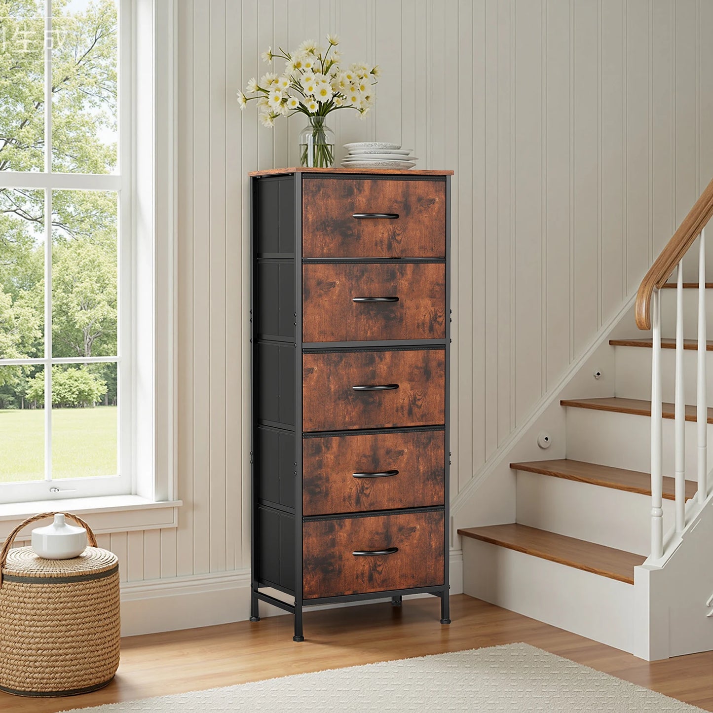 JHK Dresser With Five Fabric Drawers Bedroom Storage Cabinet