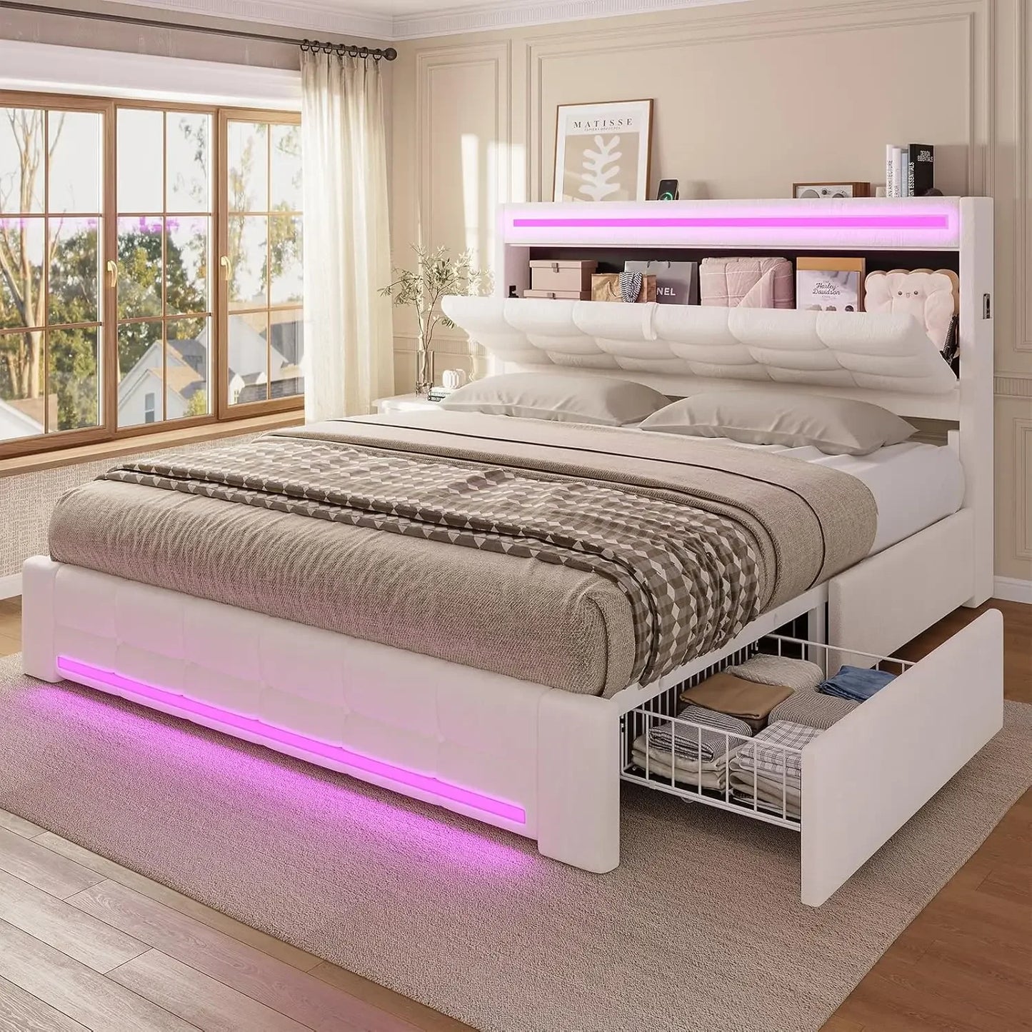 Queen Bed Frame With Storage Headboard And LED Charging Station
